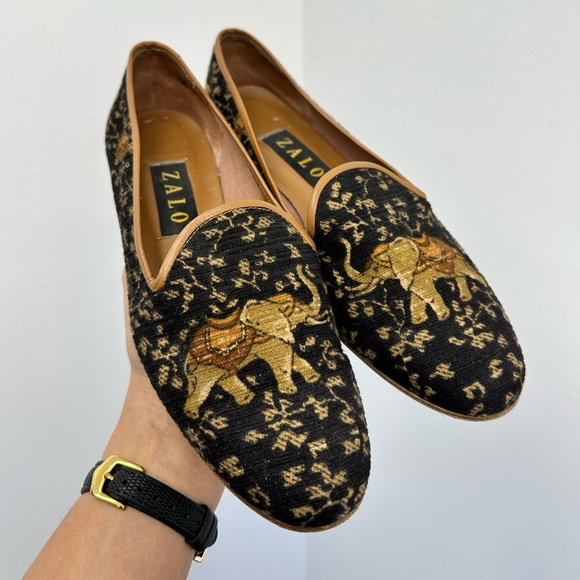 Zalo Shoes - Zalo Black & Tan Round Toe Elephant Smoking Slipper Loafer Leather Trim Size 7.5